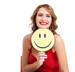 Image showing Portrait, woman and smile emoji on paper in studio for good opinion, positive emotion and white background. Model show circle sign with happy face for joy, emoticon reaction or review on social media