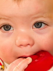 Image showing Cute baby boy sucking on toy