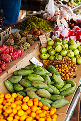 Image showing Thailand, fruits and market for natural food, healthy groceries and local vendor with mango, guava and green stock. Seller, supplier or small business with product choice, tourism and sale at store