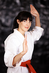 Image showing Woman, karate and portrait, fight pose and self defense sport with muay thai and training. Athlete, combat and power with fitness, martial arts and energy with warrior, exercise and taekwondo