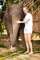 Image showing Portrait, travel and happy woman hug elephant in a jungle for adventure, freedom and experience. Nature, wildlife and female tourist in Thailand bonding with animal in a forest with freedom and fun