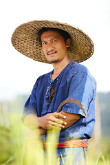 Image showing Asian man, portrait and straw hat in farming, agriculture or wheat on rice field in outdoor nature. Male person or Thai on farm in plantation, harvest or natural sustainability on land in countryside