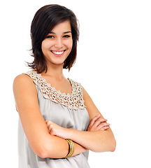 Image showing Happy, woman and portrait with arms crossed in fashion, beauty or style with confidence on white background. Makeup, face and female model with smile in studio with pride in clothes or cosmetics