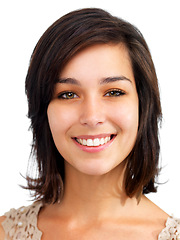 Image showing Happy, woman and portrait with natural makeup, beauty or cosmetics on white background in studio. Face, smile and model with confidence, pride and dermatology mockup with college student or girl