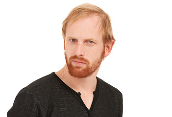 Image showing Serious man, portrait and face of ginger thinking or posing isolated against a white studio background. Male person or model with blue eyes and beard in wonder, casual fashion or style on mockup