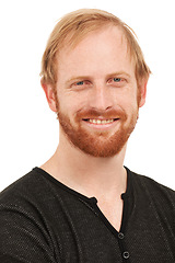 Image showing Face, portrait and happy with man and smile isolated against a white studio background. Closeup of male British person, ginger or model looking in confidence, happiness or ambition in casual fashion
