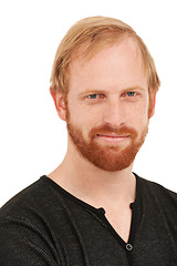 Image showing Happy man, portrait and face of ginger standing or mockup isolated against a white studio background. Closeup of male person or model with smirk, blue eyes and beard in casual fashion or style