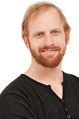 Image showing Man, happy portrait and face with smile isolated against a studio white background. Closeup of male person, ginger or model looking in confidence, happiness or ambition in casual fashion from London