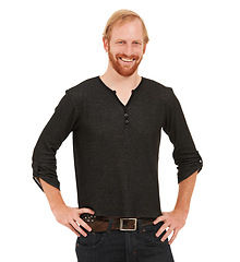 Image showing Happy man, portrait and standing with hands on hip isolated against a white studio background. Male person, ginger or model with smile posing in confidence, happiness or casual fashion on mockup