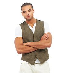 Image showing Portrait, fashion and man with arms crossed for confident, proud model and white background in studio mockup. Mexican person, face and assertive with casual clothes, retro and contemporary style