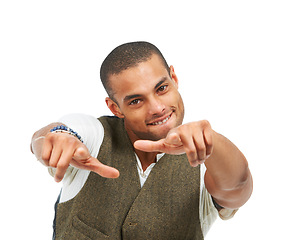 Image showing Studio portrait, man and pointing emoji to win with yes, encouragement and feedback on white background. Happy person, mexican and face with hand gesture to show, silly and decision in mockup