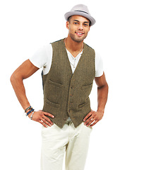 Image showing Fashion, man and happy portrait to relax in retro aesthetic, trendy and white background in studio mockup. Young model, mexican and smile with hands on hips, confident gen z and smart casual style