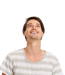 Image showing Man, happy and fashion mockup with looking up or sign, casual aesthetic and white background in studio. Handsome model, male and smile in excited for announcement, discount and wow for deal or news