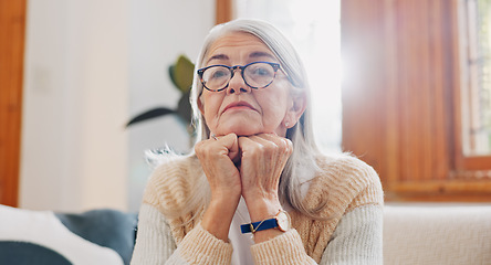 Image showing Breathe, calm and senior woman on sofa in the living room for peaceful meditation exercise. Relax, health and portrait of elderly female person in retirement breathing in the lounge of modern home.