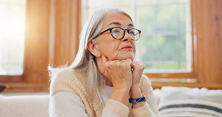 Image showing Breathe, calm and senior woman on sofa in the living room for peaceful meditation exercise. Relax, health and portrait of elderly female person in retirement breathing in the lounge of modern home.