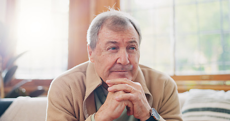 Image showing Thinking, reflection and senior man on sofa in living room with memory or dreaming face on walking stick. Relax, idea and elderly male person in retirement with alzheimers disease in lounge at home.