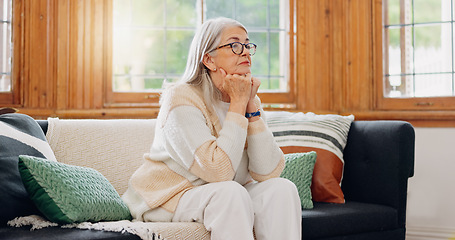 Image showing Thinking, reflection and senior woman on sofa in the living room with memory or dreaming face. Relax, idea and elderly female person in retirement with alzheimers disease in the lounge of modern home