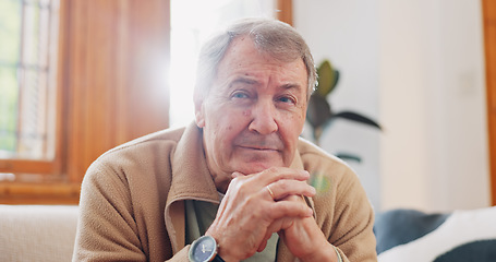 Image showing Thinking, reflection and senior man on sofa in living room with memory or dreaming face on walking stick. Relax, idea and elderly male person in retirement with alzheimers disease in lounge at home.