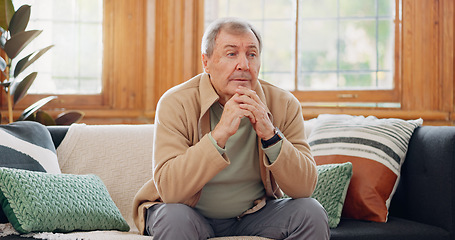 Image showing Home, thinking and senior man with anxiety, sad or retirement with depression, mental health or dementia. Mature person, elderly guy or pensioner with walking stick, alzheimer or remember in a lounge