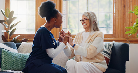 Image showing Senior patient, funny or happy caregiver talking for healthcare support at nursing home clinic. Smile, women laughing or nurse speaking of joke to a mature person or woman in a friendly conversation