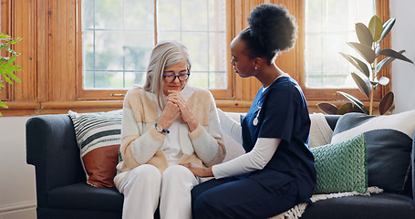 Image showing Mature, sad woman or caregiver with empathy or results in consultation for bad news or cancer disease. Stress, depression or nurse with a crying senior patient for support, sympathy or help in home