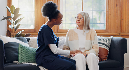 Image showing Mature, sad woman or caregiver with empathy or results in consultation for bad news or cancer disease. Stress, depression or nurse with a crying senior patient for support, sympathy or help in home