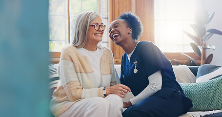 Image showing Senior patient, funny or happy caregiver talking for healthcare support at nursing home clinic. Smile, women laughing or nurse speaking of joke to a mature person or woman in a friendly conversation