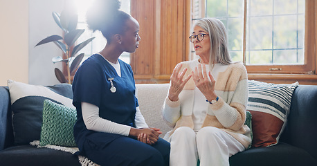 Image showing Senior, sad woman or caregiver with empathy or results in consultation for bad news or cancer disease. Stress, crying or nurse with a depressed patient for nursing support, sympathy or help in home