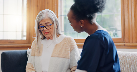 Image showing Senior, sad woman or nurse with support or results in consultation for bad news or cancer disease. Stress, depression or caregiver with a crying mature patient for empathy, sympathy or help in home