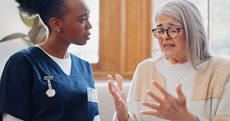 Image showing Mature, sad woman or nurse with empathy or results in consultation for bad news or cancer disease. Stress, depression or caregiver with a crying senior patient for support, sympathy or help in home
