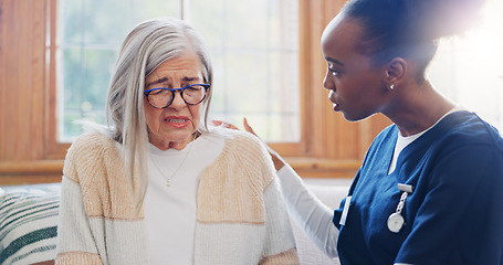 Image showing Mature, sad woman or nurse with support or results in consultation for bad news or cancer disease. Stress, depression or caregiver with a crying senior patient for empathy, sympathy or help in home