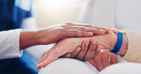 Image showing Senior patient, holding hands or consulting a nurse for support or empathy for healthcare help. Closeup, psychology or elderly person in counselling with calm caregiver in nursing home for therapy