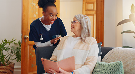 Image showing Tablet, nurse and senior woman on sofa reading notebook for checklist consultation research checkup. Bond, healthcare and African female caregiver talk to elderly patient grocery shopping list letter