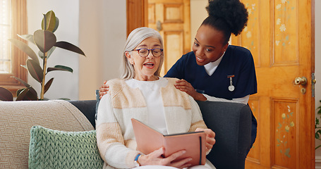 Image showing Tablet, nurse and senior woman on sofa reading notebook for checklist consultation research. Bond, healthcare and African female caregiver talk to elderly patient grocery shopping list letters at hom