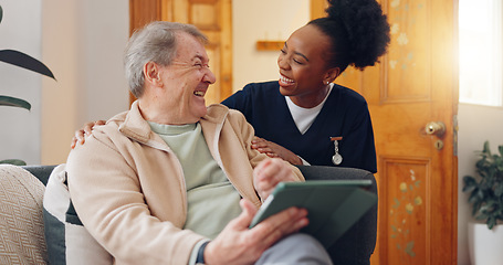 Image showing Tablet, nurse and senior man on sofa browsing on internet for medical consultation research. Bonding, healthcare and black woman caregiver talking to elderly patient networking on technology at home.