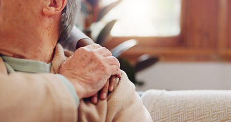 Image showing Senior patient, hands on shoulder or consulting a caregiver for support or empathy for healthcare help. Closeup, cancer or elderly person in counselling with calm nurse in nursing home for therapy