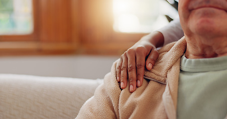 Image showing Senior patient, hands on shoulder or consulting a caregiver for support or empathy for healthcare help. Closeup, cancer or elderly person in counselling with calm nurse in nursing home for therapy