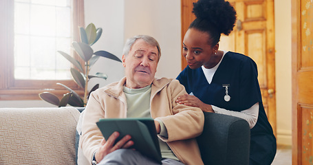 Image showing Healthcare, tablet and an elderly man with a caregiver during a home visit for medical checkup in retirement. Technology, medicine and appointment with a nurse talking to a senior patient on the sofa
