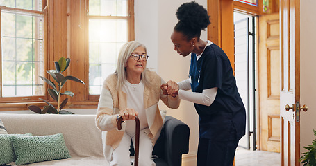 Image showing Old woman, walking stick or caregiver in nursing home to help in retirement for medical support. Parkinson, disabled or nurse holding hands of an elderly person in physical therapy rehabilitation