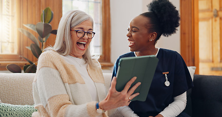 Image showing Senior, woman and caregiver with tablet for consulting, medical information and health communication on sofa. Elderly, professional and nurse with touchscreen for online report, advisory and results