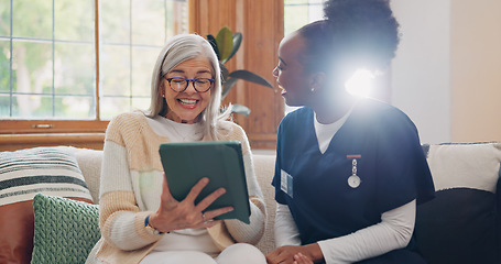 Image showing Senior, woman and caregiver with tablet for consulting, medical information and health communication on sofa. Elderly, professional and nurse with touchscreen for online report, advisory and results