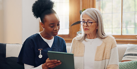 Image showing Elderly, woman and nurse with tablet for consulting, medical information and communication with lens flare. Senior, professional or caregiver with touchscreen for online report, advisory and results