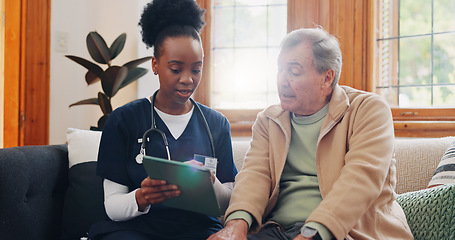 Image showing Senior, man and caregiver with tablet for consulting, medical information and communication with lens flare. Elderly, professional and nurse with touchscreen for online report, advisory and results