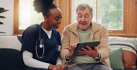 Image showing Elderly, man and nurse with tablet for consulting, medical information and communication with lens flare. Senior, professional and caregiver with touchscreen for online report, advisory and results