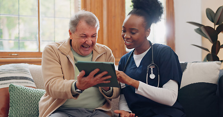 Image showing Senior, man and nurse with tablet for consulting, medical information and communication with laughing. Elderly, professional and caregiver with touchscreen for online report, advisory and results or