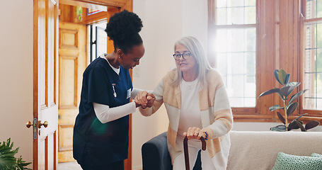 Image showing Old woman, walking stick or caregiver in nursing home to help in retirement for medical support. Parkinson, disabled or nurse holding hands of an elderly person in physical therapy rehabilitation