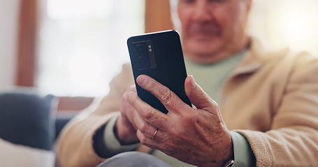 Image showing Smartphone and hands of senior man typing online on internet search in retirement home. Phone, elderly person ecommerce and scroll on health website, communication or social media