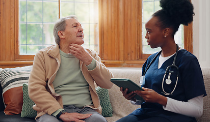 Image showing Healthcare, tablet and a senior man with a caregiver during a home visit for medical checkup in retirement. Technology, medicine and appointment with a nurse talking to an elderly patient on the sofa