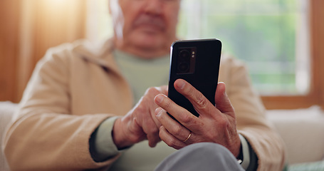 Image showing Parkinsons, smartphone and hands of senior man typing online on internet search in retirement home. Phone, elderly person with a disability and scroll on health website, communication or social media