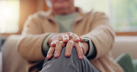 Image showing Senior man, hands and stress in therapy, counseling or talking about depression, anxiety or crisis in retirement. Elderly, mental health and closeup on soothing gesture in conversation with therapist